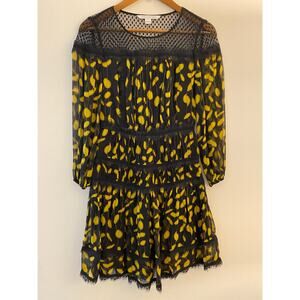 Diane Von Furstenberg DVF 2 Black Yellow Floral Lace Long Sleeve Jamie Dress EUC